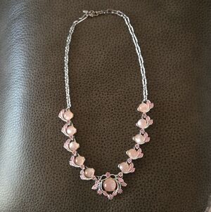 Lovely Vintage Silver Tone, Chic Pink Blossom Necklace W/Gemstones
